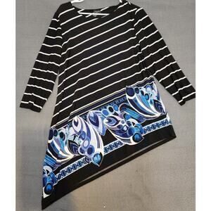 Chico's Travelers Black White Colorful Floral Asymmetric Hem Tunic Top‎ Sz 2 (L)